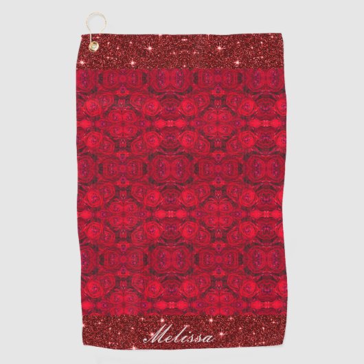 Rode rozenbloesems met dauwdruppels - custom golfhanddoek (Voorkant)