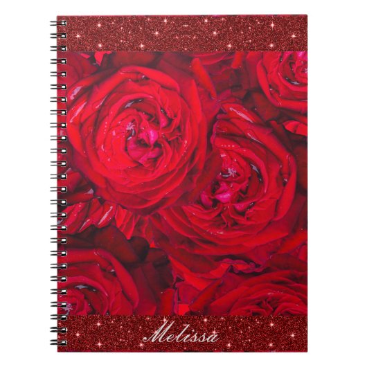 Rode rozenbloesems met dauwdruppels - fotografie, notitieboek (Voorkant)