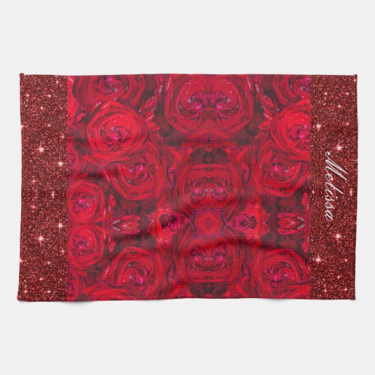 Rode rozenbloesems met dauwdruppels - fotografie theedoek (Horizontaal)