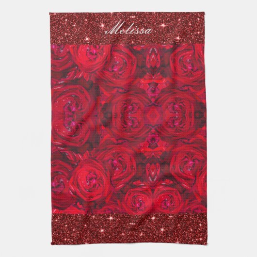 Rode rozenbloesems met dauwdruppels - fotografie theedoek (Verticaal)