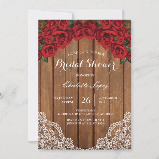 Rode rozenbruine doucheuitnodiging bijtend hout kaart (Voorkant)