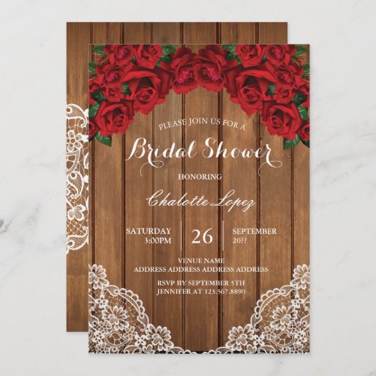 Rode rozenbruine doucheuitnodiging bijtend hout kaart (Voorkant / Achterkant)