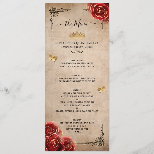  rode rozengoudzwarte elegante Waterverf Menu (Voorkant)