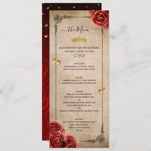  rode rozengoudzwarte elegante Waterverf Menu (Voorkant / Achterkant)