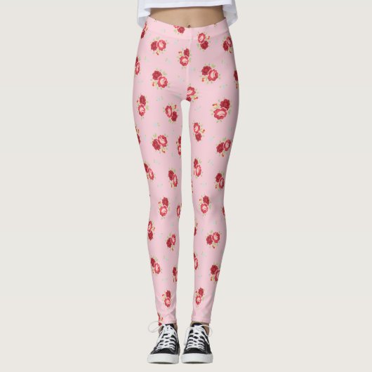  rode rozenpatroon roze Leggings (Voorkant)