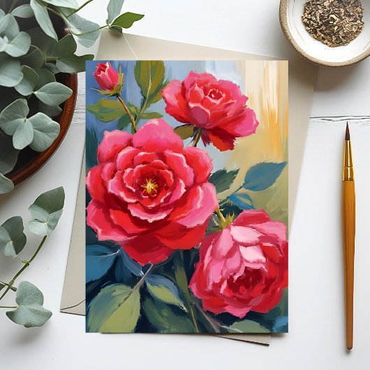 Rode Rozenstruik | Aquarel Bloemenschildering Briefkaart