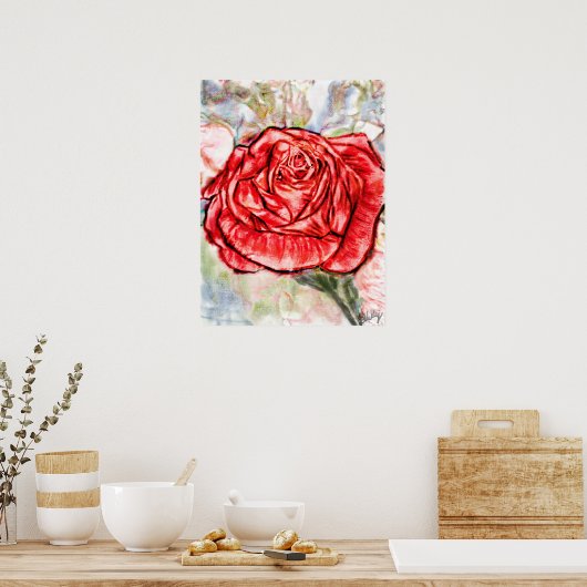 Rode rozentekening poster (Keuken)