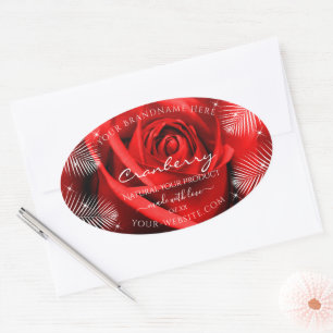 Rode rozenventiel met palmbladeren Productlabels Ovale Sticker