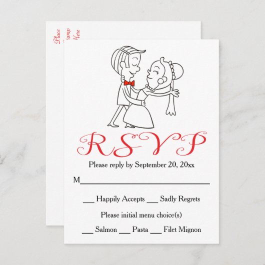 Rode RSVP Bruid & Bruidegom Zwart-wit bruiloft Uitnodiging Briefkaart (Voorkant / Achterkant)