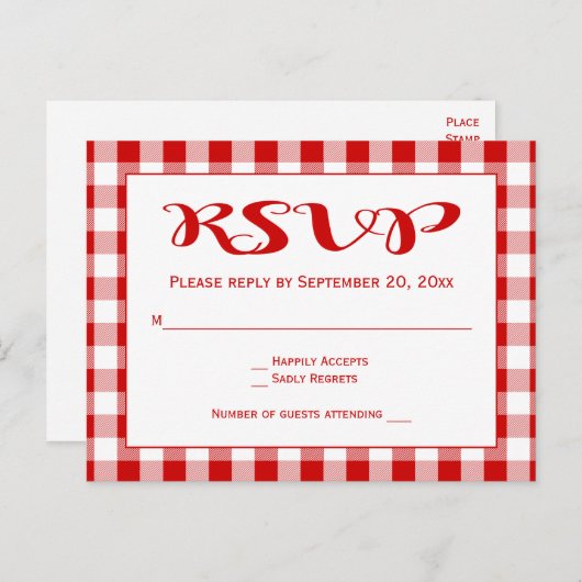 Rode RSVP Gingham Plaid controleert bruiloft Uitnodiging Briefkaart (Voorkant / Achterkant)