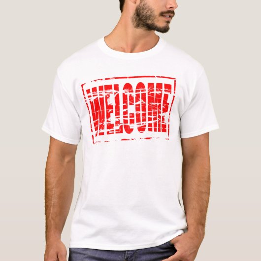 Rode rubber stempel effect Welkom T-shirt (Voorkant)