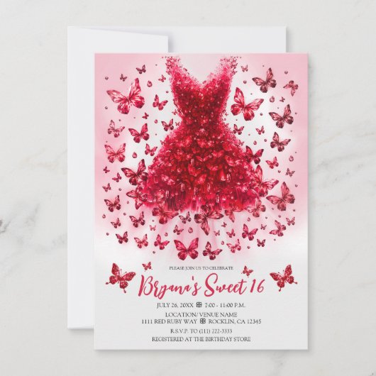 Rode Ruby Crystal Vlinder Jurk Juli Geboortesteen Kaart (Voorkant)