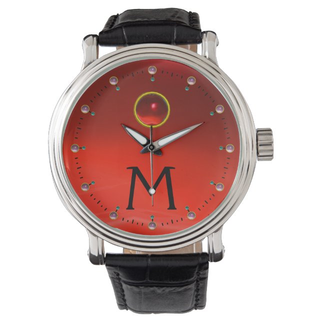 RODE RUBY EDELSTEEN MONOGRAM HORLOGE (Voorkant)