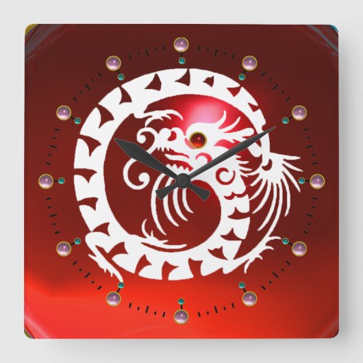 RODE RUBY EN WITTE SNAKE DRAGON, PINK GEMSTONES VIERKANTE KLOK (Voorkant)