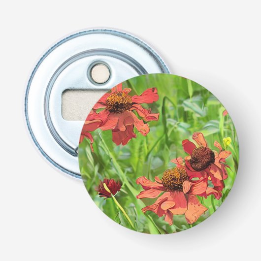 RODE RUDBECKIA BLOEMEN BUTTON FLESOPENER (Voorkant)