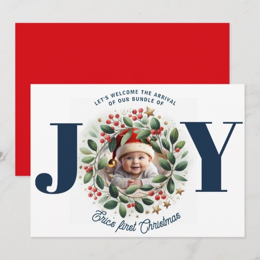 Rode rug Waterverf Mistletoe krans Bundle of JOY Feestdagenkaart (Voorkant / Achterkant)