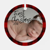 Rode ruit baby's eerste kerstfeest metalen ornament (Achterkant)