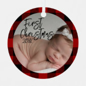 Rode ruit baby's eerste kerstfeest metalen ornament (Voorkant)