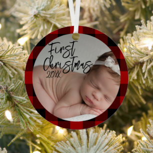 Rode ruit baby's eerste kerstfeest metalen ornament