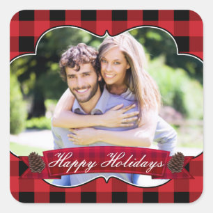 Rode ruit en dennenappels Rustieke kerstfoto stick Vierkante Sticker