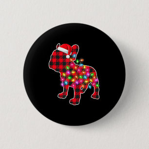 Rode ruit Franse Bulldog Kerstpyjama Kerstverlicht Ronde Button 5,7 Cm