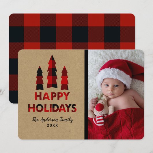 Rode ruit Happy Holidays Kerstbomen Kraft Kaart (Voorkant / Achterkant)