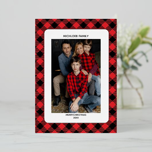 Rode ruit Kerst uitnodiging | Foto Folie (Staand Voorkant)