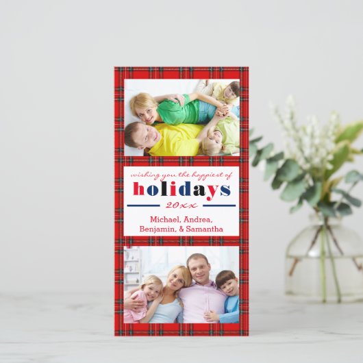 Rode ruiten gelukkig kerstfeest - kerstkaart met f (Staand voorkant)