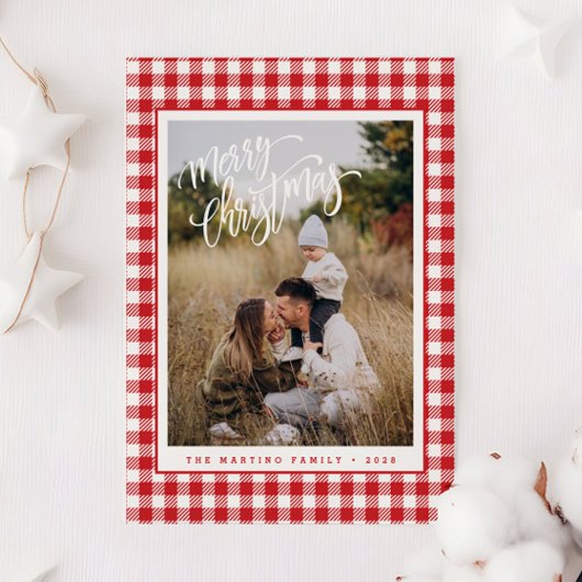 Rode ruiten kerstfoto Merry Christmas kaart