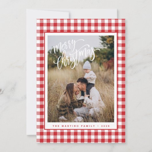 Rode ruiten kerstfoto Merry Christmas kaart (Voorkant)