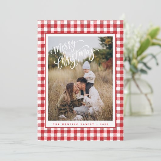 Rode ruiten kerstfoto Merry Christmas kaart (Staand voorkant)