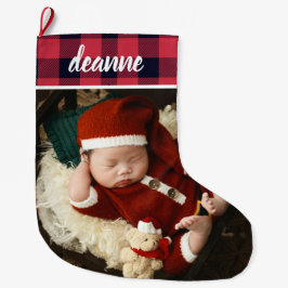 Rode ruitjes baby's eerste kerst 1 foto  grote kerstsok