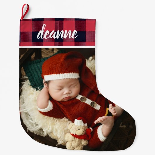 Rode ruitjes baby's eerste kerst 1 foto grote kerstsok (Voorkant)