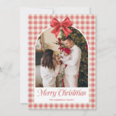 Rode ruitjes Boho lint met strik 5 foto Feestdagenkaart (Voorkant)