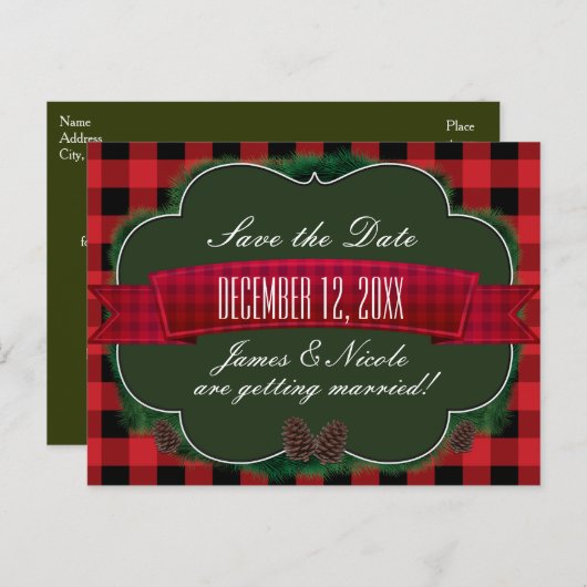 Rode ruitjes en dennenappels Rustieke landelijke a Aankondigingskaart (Voorkant / Achterkant)