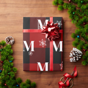 Rode ruitjes en sneeuwvlokken Monogram Eerste Lett Cadeaupapier