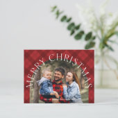 Rode ruitjes moderne boog Kerstmis foto  Feestdagenkaart (Staand voorkant)