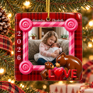 Rode ruitjesstof aangepaste foto familie liefde ke keramisch ornament