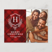 Rode ruitmotief Monogram Foto Kerstmis Feestdagenkaart (Voorkant)