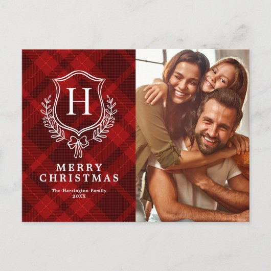 Rode ruitmotief Monogram Foto Kerstmis Feestdagenkaart (Voorkant)