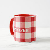 Rode ruitnaam op maat mok (Voorkant links)