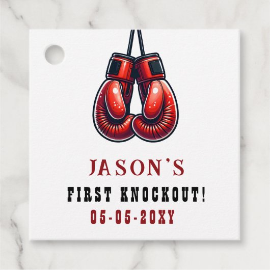 Rode Rumble Eerste Knockout Boksen Verjaardag Bedankjes Labels (Voorkant)
