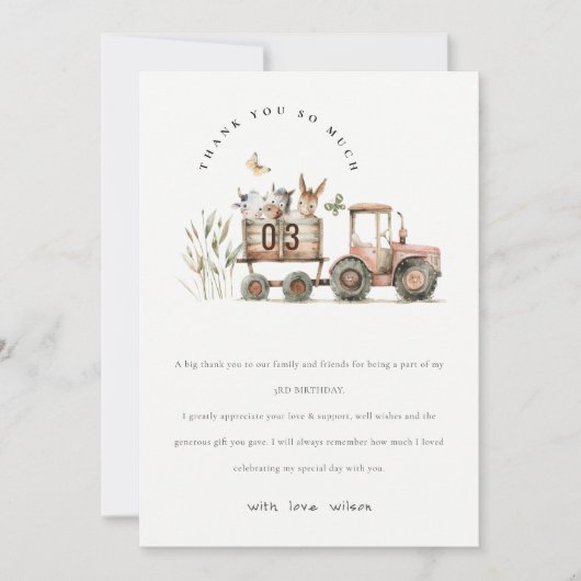 Rode Rust Boerderij Dieren Tractor Kinderen Verjaa Bedankkaart (Voorkant)