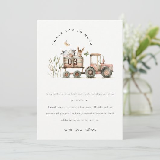 Rode Rust Boerderij Dieren Tractor Kinderen Verjaa Bedankkaart (Staand voorkant)