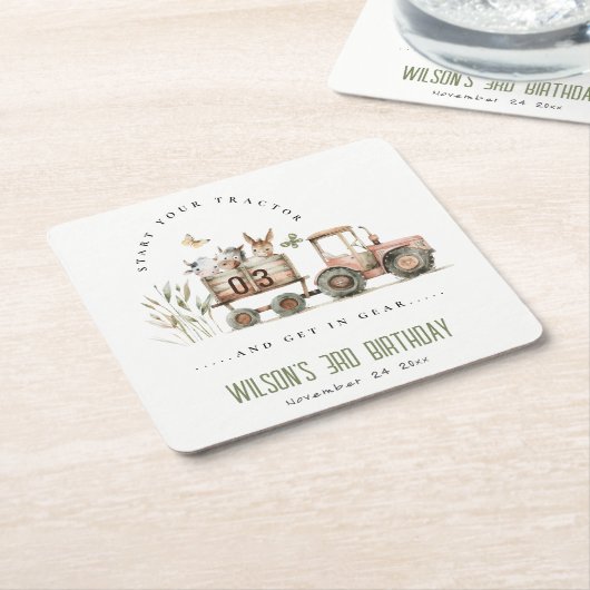 Rode Rust Boerderij Dieren Tractor Kinderen Verjaa Kartonnen Onderzetters (Schuin)