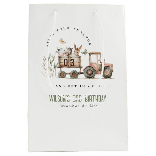 Rode Rust Boerderij Dieren Tractor Kinderen Verjaa Medium Cadeauzakje (Voorkant)
