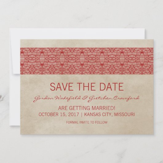 Rode Rustic Kant Save the Date Uitnodiging (Voorkant)