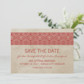 Rode Rustic Kant Save the Date Uitnodiging (Staand voorkant)