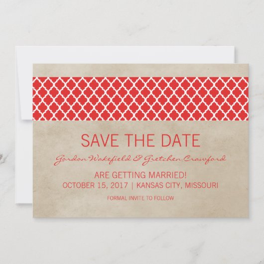Rode Rustic Quatrefoil Save the Date Uitnodiging (Voorkant)