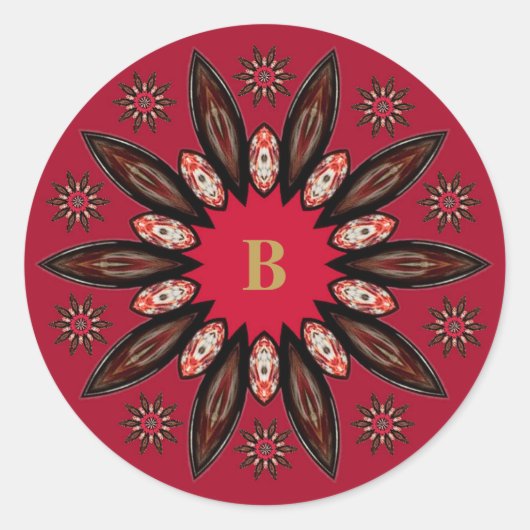 Rode Rustieke Abstracte Monogram Bloemige Envelope Ronde Sticker (Voorkant)